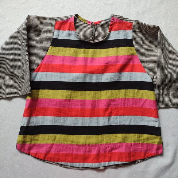 Alembika Mixed Striped Relaxed Fit Blouse S Linen Cotton Blend Vibrant Top - Picture 1 of 11